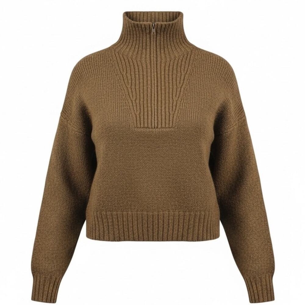 Vintage Y2K American Eagle Women's Brown Wool Blend Quarter Zip Sweater- Size XL